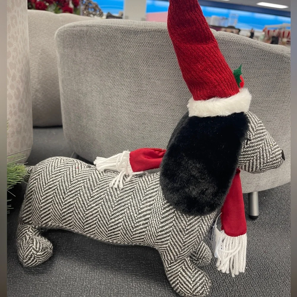 Christmas Dachshund Dog in Santa hat & Scarf Herringbone Plush Pillow NWT